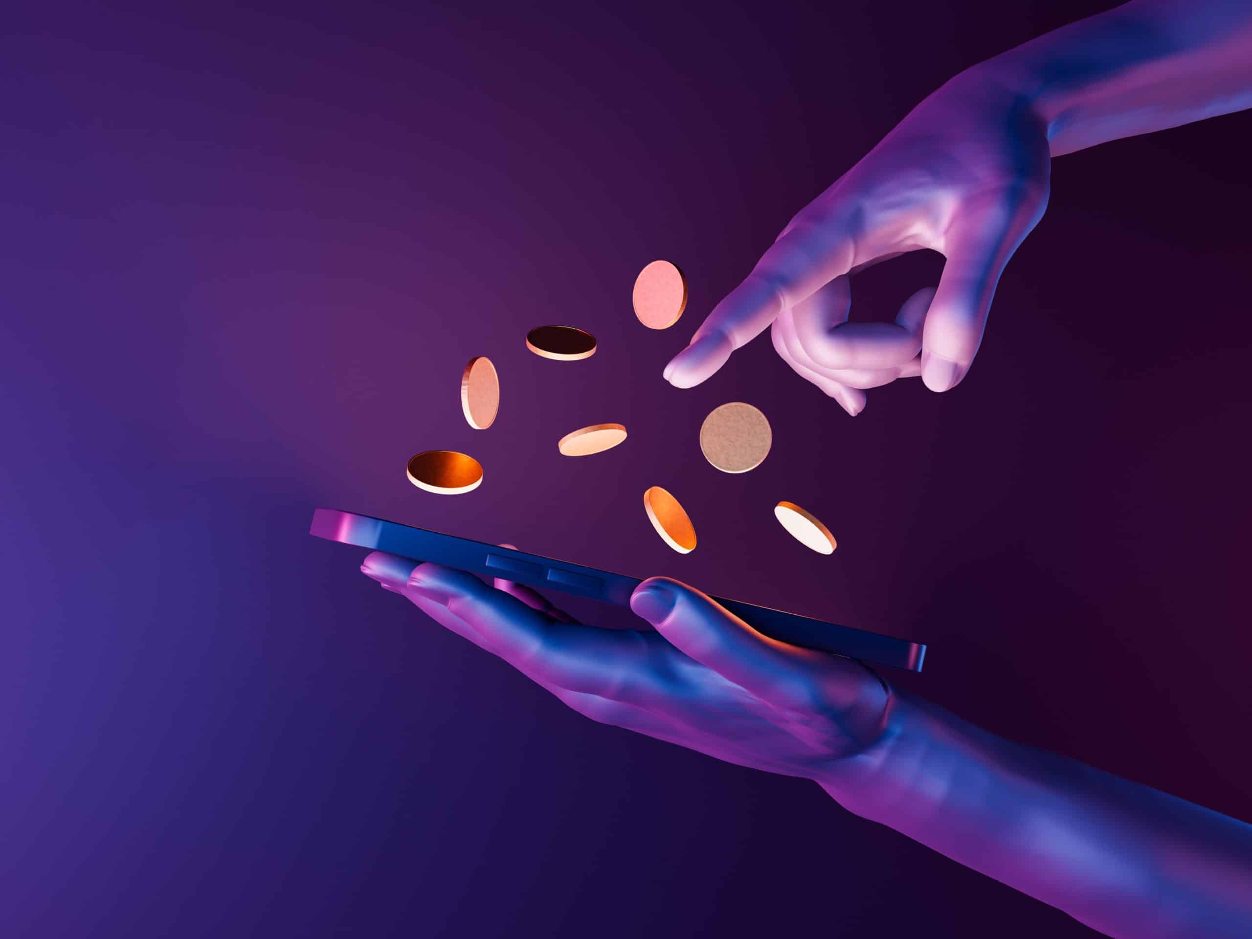 3d,Hands,Holding,A,Cell,Phone,With,Coins,On,The