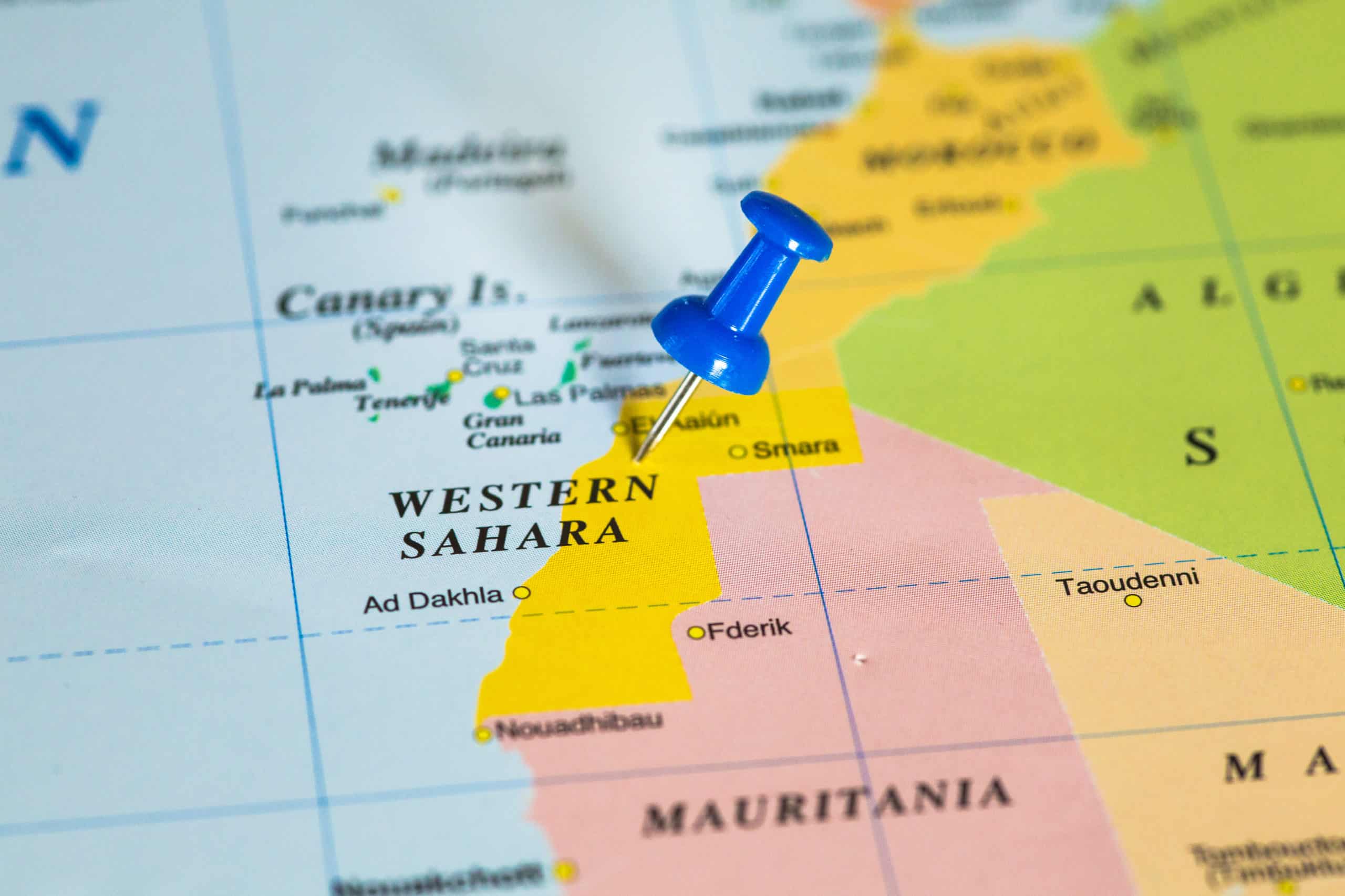 Et kart som viser en nål som peker på vest-sahara